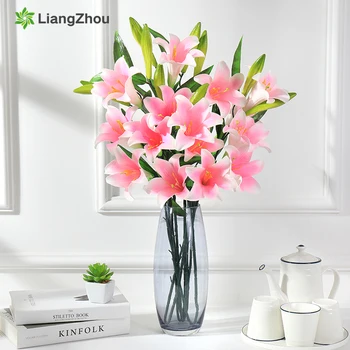 

Artificial Lilies Flower Branch 5Pcs Top Quality Lilium Simulation Flower Latex Family Hotel Decoration Party Accessories Gift