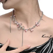 

Lmmcjj Gradient Pink Pearl Necklace Punk Little Peach Winding Design Clavicle Chain Choker For Women Fashion Jewelry INS Y2K