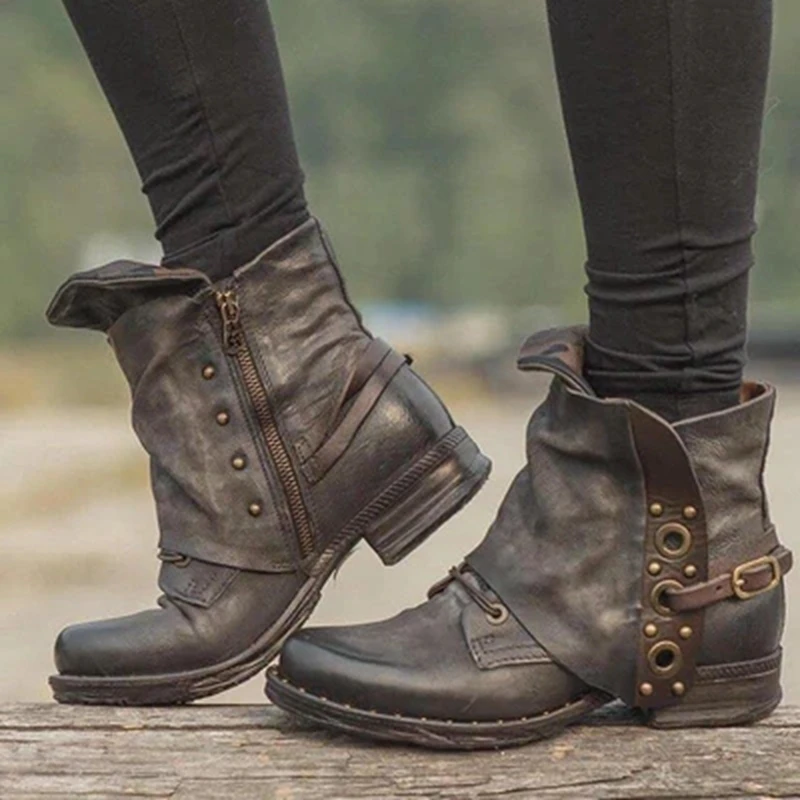 

Women Fashion Winter Ankle Boots New Short Boots Zippers Buckle Rivet Boots PU Leather Low Chunky Heel Shoes Woman Bota Feminina