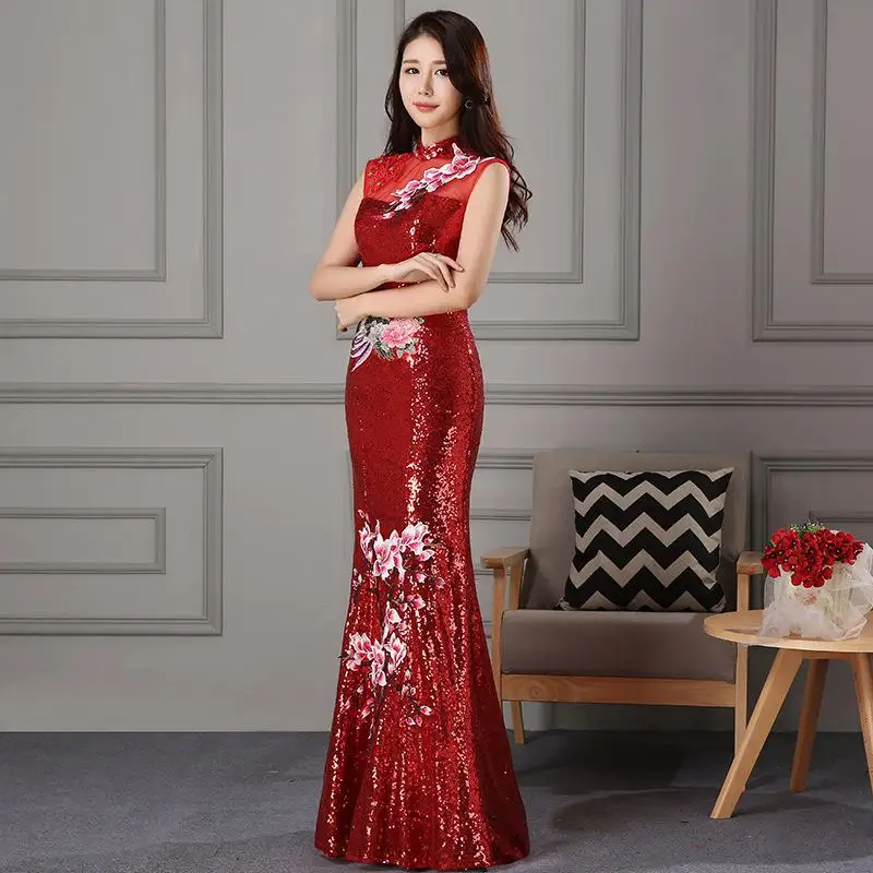 Синее модное вечернее платье, восточный женский элегантный тонкий Cheongsam, китайский стиль, свадебное длинное Qipao, роскошное платье Vestido XS-3XL - Цвет: Красный