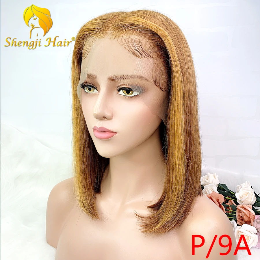 Shengji 13x6 кружевные передние человеческие волосы парики 9A#27 Основные короткие боб парик бразильские Прямые кружевные передние парики "-14" волосы remy парик