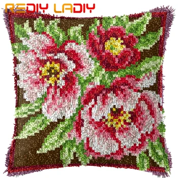 

Latch Hook Cushion Peony Flower Pre-Printed Canvas Cushion Front Acrylic Yarn Crochet Pillow Case Kit Sofa Bed Pillow Home Decor