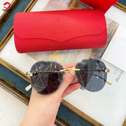 With Logo Luxury Brand Women's Fashion Sunglasses Metal Rimless Frame Vintage Eyewear Female Elegant Classic UV400 Sun Glasses