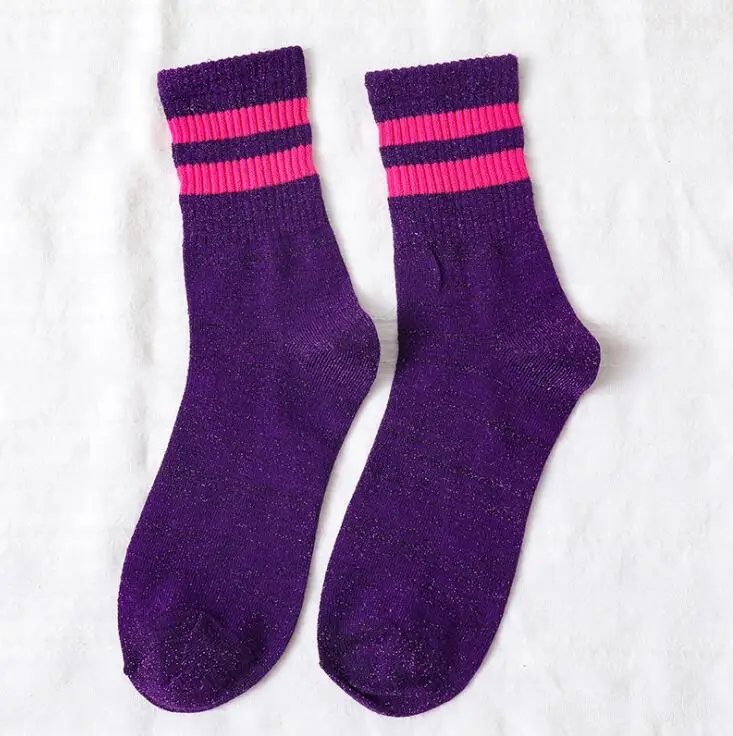 Purple Women Solid Metallic Sport Socks Lurex Ankle Sock with 2 Stripes on Cuff Girls Striped Short Winter Socks 5 pairs/ lot AL147SC - Цвет: Purple