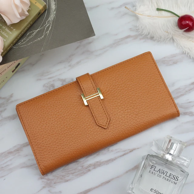 Genuine Leather Women Luxury Lychee Pattern Wallets Long Brand Zipper Coin Purses Female Solid Colors Hasp Thin Clutch Phone Bag Brown