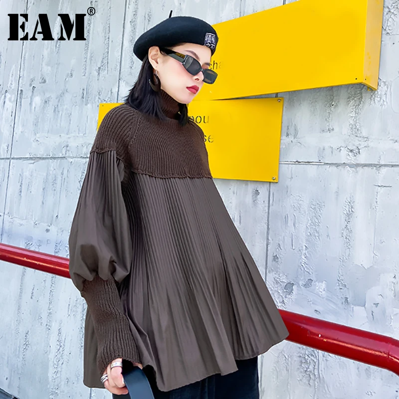 

[EAM] Black Pleated Big Size Knitting Sweater Loose Fit Turtleneck Long Sleeve Women Pullovers New Fashion Spring 2020 1N290