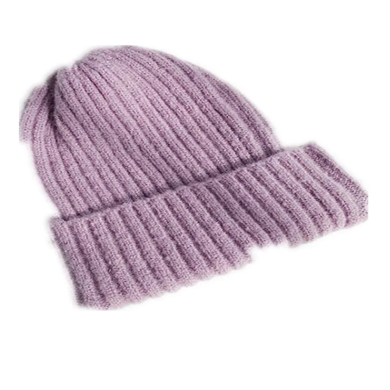 Lilac Женская однотонная Шапка-бини для девочек, женская вязаная мягкая теплая зимняя шапка в рубчик, Женская неоновая желтая зеленая фуксия оранжевая шапка - Color: Lilac