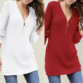 

Fashion Women Sweater Solid Color Zipper V Neck Sweaters Long Sleeve Elastic Pullover Womens Sweater For Women's Clothings