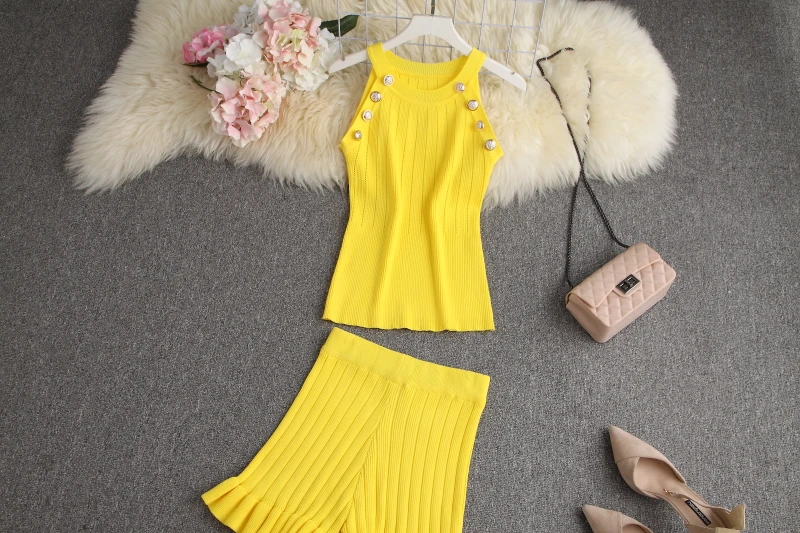 ALPHALMODA 2020 Summer Color Knit Top + Shorts Women 2pcs Lounge Wear Sets Popular Button Tank Top Shorts 2pcs Clothes Set cute pj sets