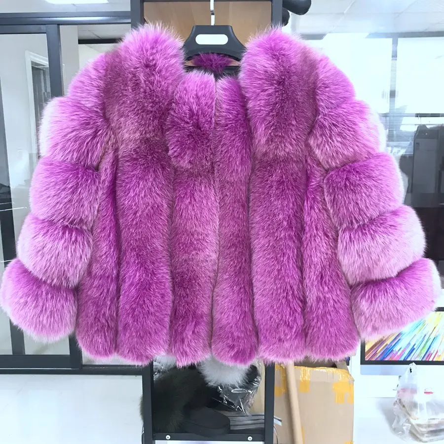 Розовый Java QC1819 Женское пальто с натуральным мехом меха лисы зимняя утепленная
