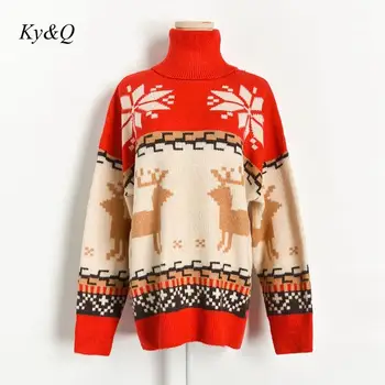 

High Quality Christmas Color Snowflake Elk Turtleneck Women Winter Luxury Pullover Lazy Vintage Cute Knit Sweater 2019 Clothes