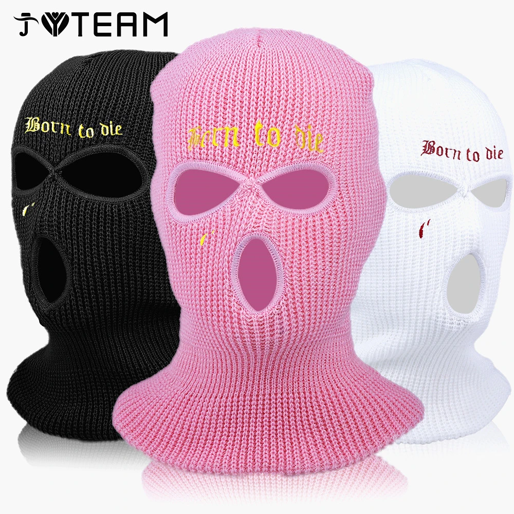 Fashion 3 Hole Winter Knitted Embroidery Born To Die Ski Mask Outdoor Sports Full Face Cover Warm Knit Balaclava for Adult Gifts grey skully hat