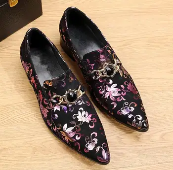 

Oxfords Print Embroidery Man Formal Dress Shoes Glitter Pointed toe Fashion Mans Leather Wedding Shoes Plus Size Euro 39-46