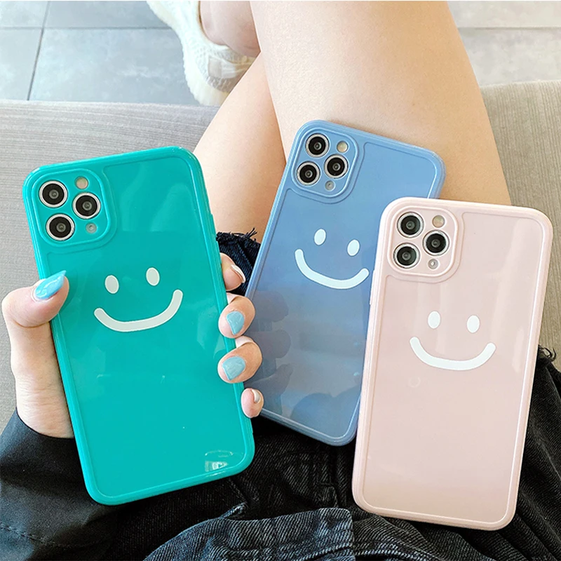 

Cute Cartoon Smile Camera Protection Phone Case For iPhone 12 Pro Max Mini 11 X XR XS 7 8 Plus Candy Color Shockproof Soft Cover