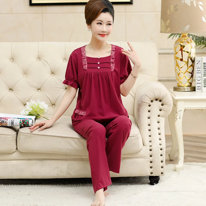 

Mom Pajamas WOMEN'S Short Sleeved Trousers Spring And Summer-Middle Aged And Elderly People Large Size Home Wear Simple Thin Wom