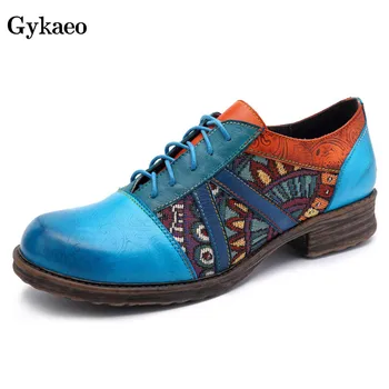 

Gykaeo Bohemian Style Low Heels Printing Genuine Leather Pumps Women Shoes Female Blue Retro Large Size Pumps Zapatos Mujer 2020
