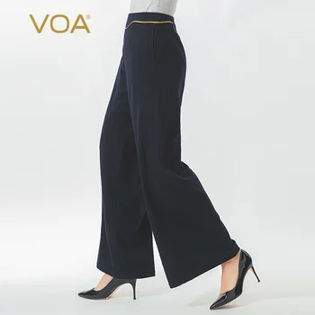 

VOA Navy Blue Fine 14.75 Micron Small Cashmere Gold Rolloff Pocket Natural Waist Delicate Cashmere Wide Leg Pants SK677
