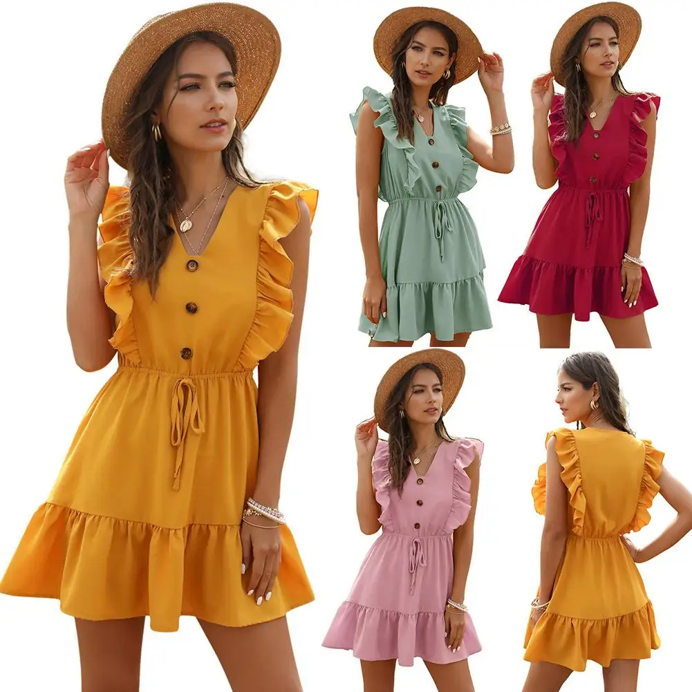 Women Fashion V Neck Sleeveless Ruffled Edges Waist Drawstring Beach Mini Dress evening club party office lady Casual short dres | Женская