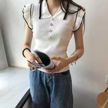 

New Style Summer Wear Slim Fit Slimming Western Style Graceful Frilled Fold-down Collar Sleeveless T-shirt Tops a Generation of