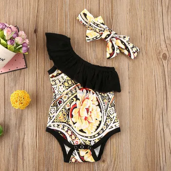 

Summer 2PC Baby Bodysuit with Headband for Girls Floral Print One Shoulder Short Sleeve Bodysuit Jumpsuit for Kids Girls