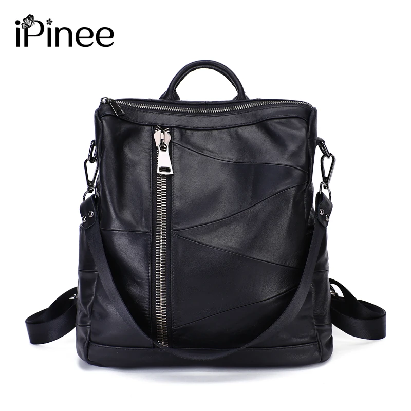 

iPinee 100% Genuine Leather Daily Casual Backpack For Women Classic Black Student's Schoolbag Vintage Lady Knapsack High Quality