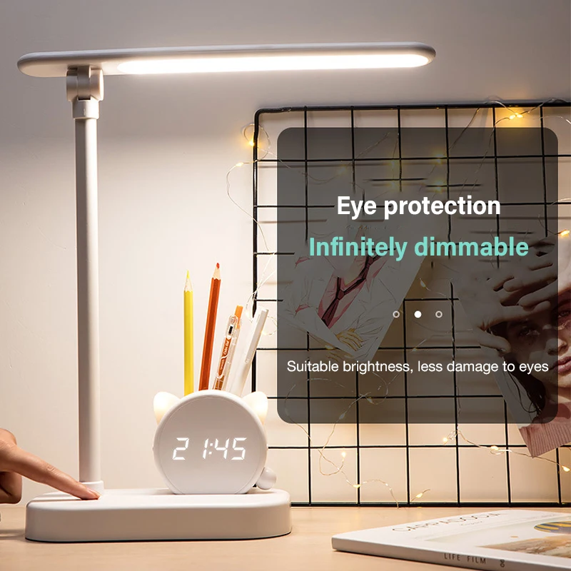 

Table Lamp LED Desk Lamp Pen Holder With Clock USB Rechargeable Eye Protection Modern Bedside Lamp Office Student Reading Light