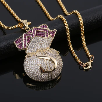 

US Dolla Money Bag Stack Iced Cash Coins Pendant Necklace Chain Charm Cubic Zircon Men's Hip Hop Jewelry For Gift