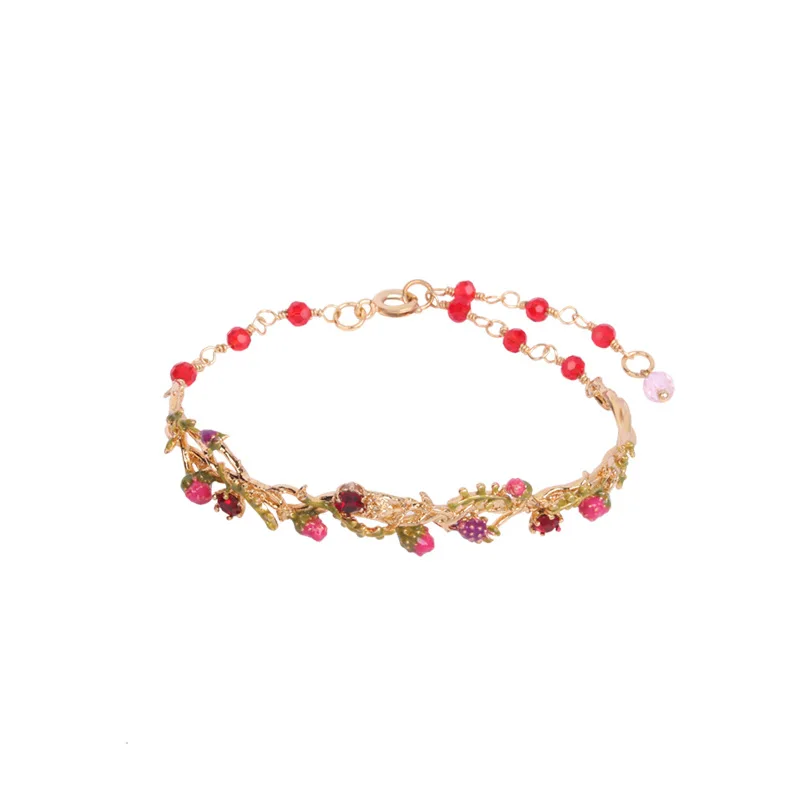 

European Gold Color Enamel Plant Bracelets for Women Cute Raspberry Flower Rattan Beaded Chain Bracelet Fashion Jewelry SL006