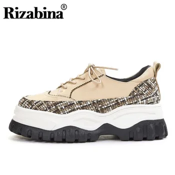 

RIZABINA 2020 New Women Genuine Leather Shoes Thick Bottom Platform Sneakers Lace Up Casual Vulcanized Shoes Women Size 34-39