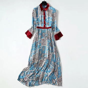 

HIGH QUALITY New 2020 Fashion Designer Runway Dress Women's Turn-down Collar Long Sleeve Vintage Floral Print Pleated Dress