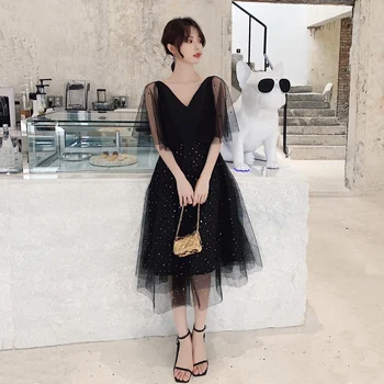 

Bling Sequins Lady Black Mesh Dress Evening Party Cheongsam V-neck Sexy Qipao Lace Patchwork Robe De Soiree Novelty Prom Gown
