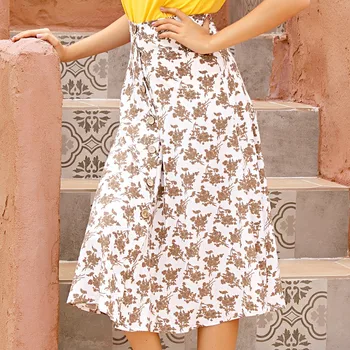 

2020 Women Elegant Long Skirt Front Button Faldas Largas Mujer Bohemia Korean Fashion Clothing Woman Skirts Summer Femme Jupes