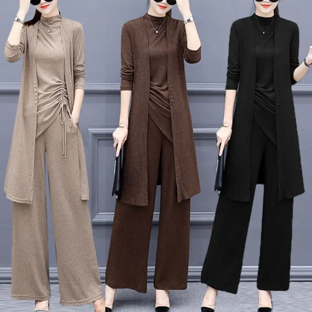 

3Pcs/Set Solid Color Women Knit Side Bandage Tank Top Pants Long Sleeve Cardigan