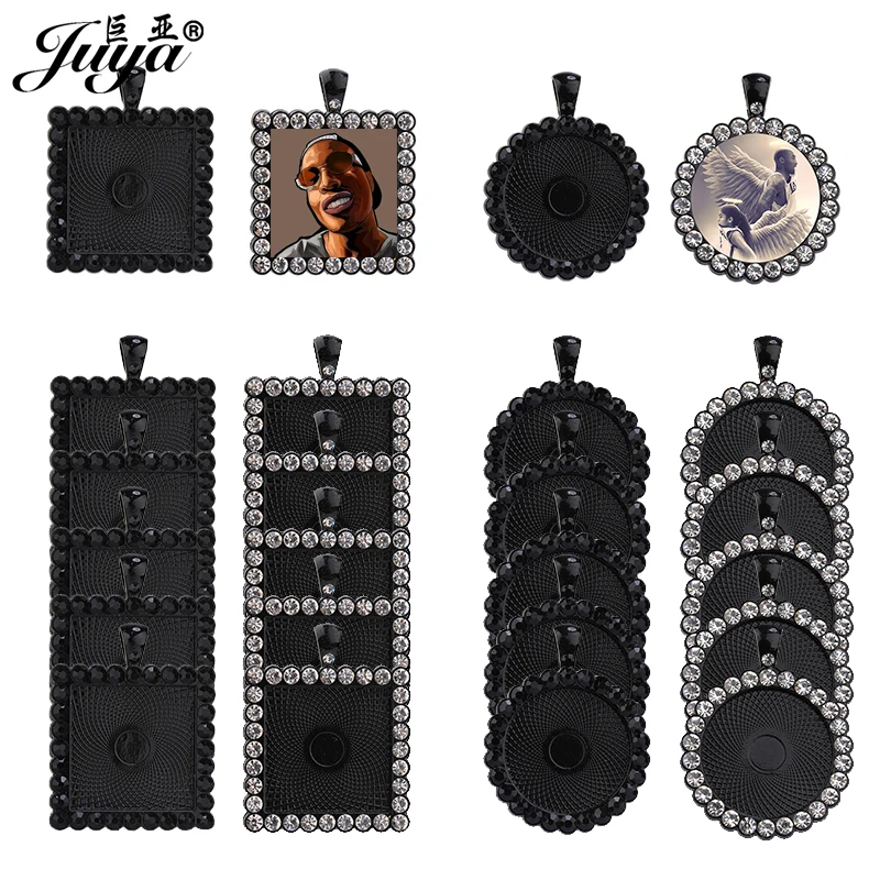 20PCS Black Rhinestone Pendant Base 25mm Alloy Cabochon Tray For Necklaces Keychains DIY Jewelry Making Components Findings