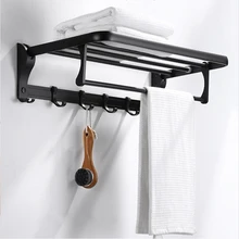 Folding Bathroom Towel Rack with Haning Hook 60/40cm Matte Black Aluminum Clothes Bathrobe Storage Shelf Toilet Organizer Holder