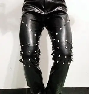 Idopy Nightclub DJ Singer Gothic Punk Rock Rivet Faux Leather Pants Hip Hop Stage Costume Mens Studded Motorcycle tTrousers