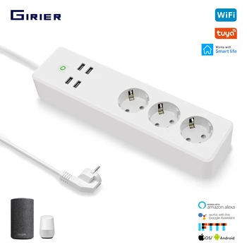 

Tuya Wifi Power Strip 3 EU Smart Sockets Plug with 4 USB Ports Smart Home App Voice Wireless Remote Control Works with Alexa
