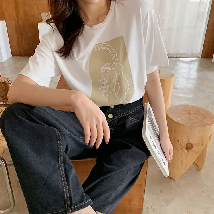 Abstract Print T-shirt Female Short Sleeve 2020 Summer New O-Neck Korean Women's Casual Tops Tees Harajuku