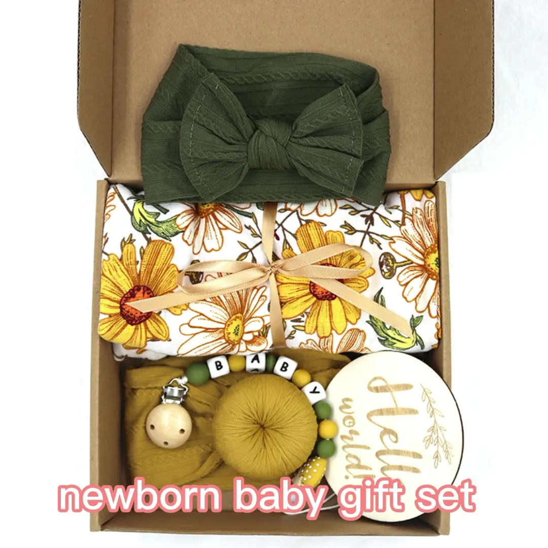 

Wholesale Baby Silicone Pacifier Clip Wooden Milestone Fashing Headband with daisy Swaddle Blanket New Born Baby Gift Set