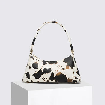 

Fashion Women Bag Stylish Totes Shoulder Bag Cow White Black Dots pu Leather Large Baguette Shape Handbag Female Vintage