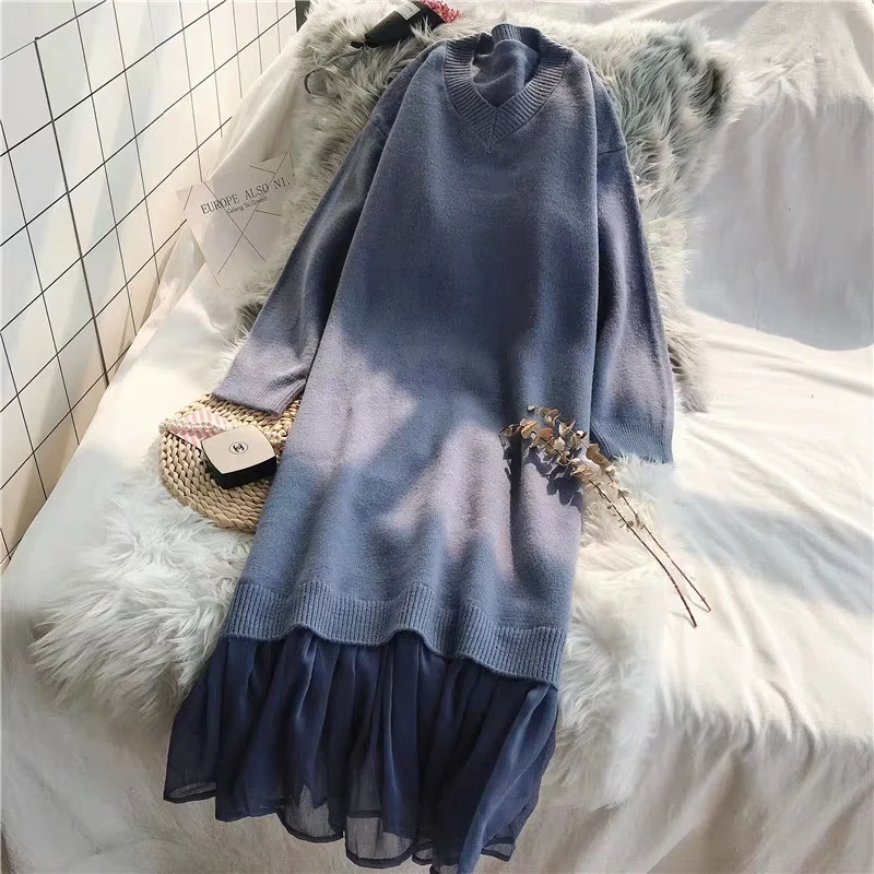 BGTEEVER повседневное свободное женское платье-свитер с v-образным вырезом элегантное осенне-зимнее платье с оборками в стиле пэчворк женские длинные вязаные платья - Цвет: blue