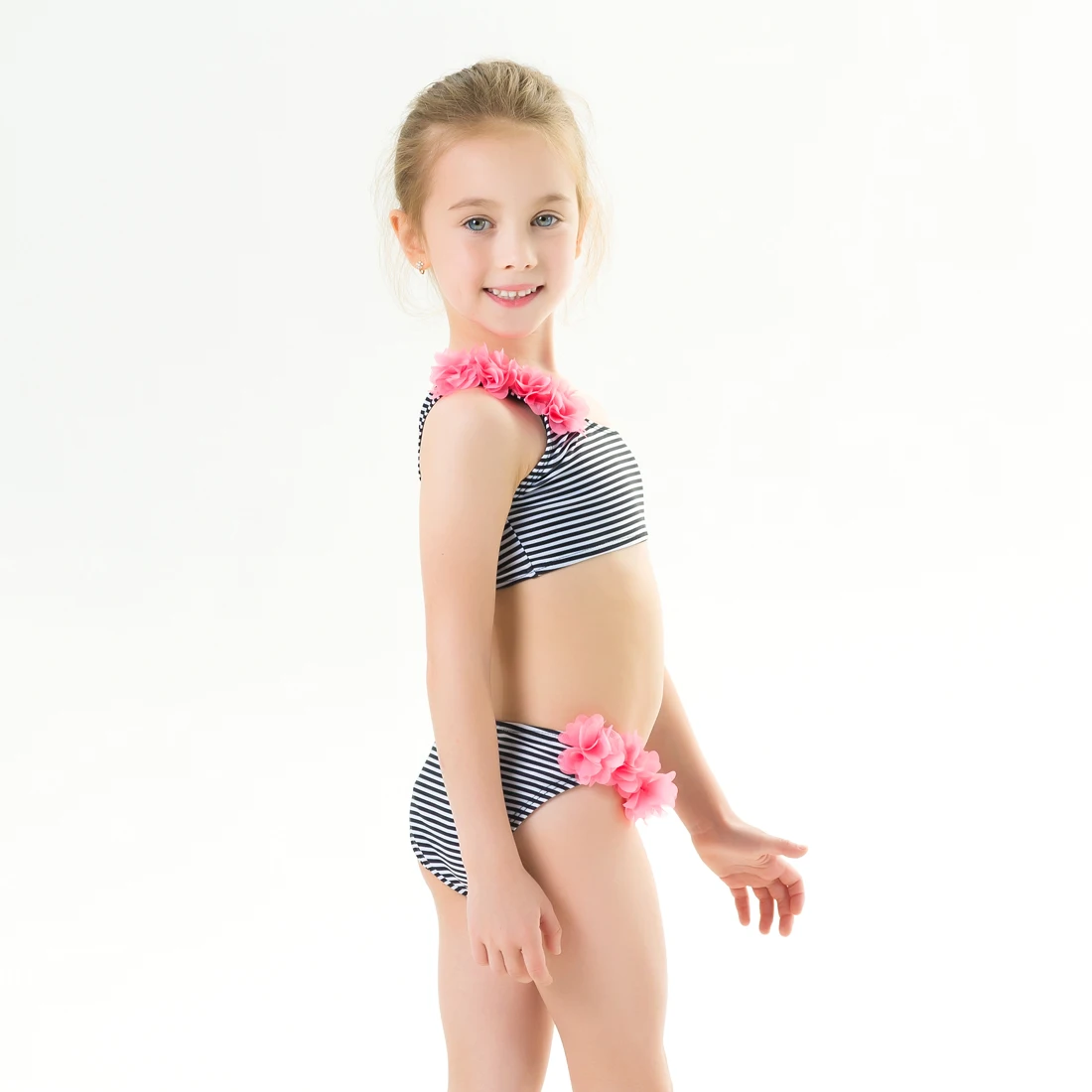 

2020 New Baby Girl's Bikini Set One Shoulder Pink Flower Swimsuit Classic Striped Swimwear little Girl Adjustable Bathsuit