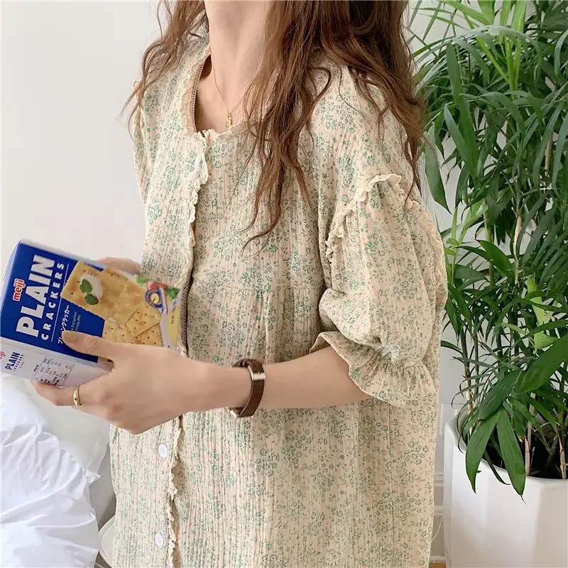 Cotton Night Dress Women Floral Print Sleepwear Lace Nightgown Vintage Nightwear Long Dress Gown Kawaii Single Breasted Shirts