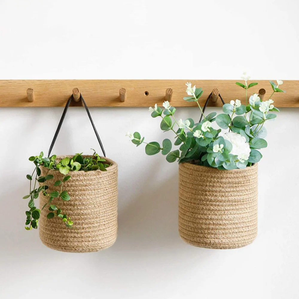 Mir à fleurs en jute et coton tissé au mur, pot de jardinière, paniers de rangement pour la maison, ustensiles de cuisine britanniques