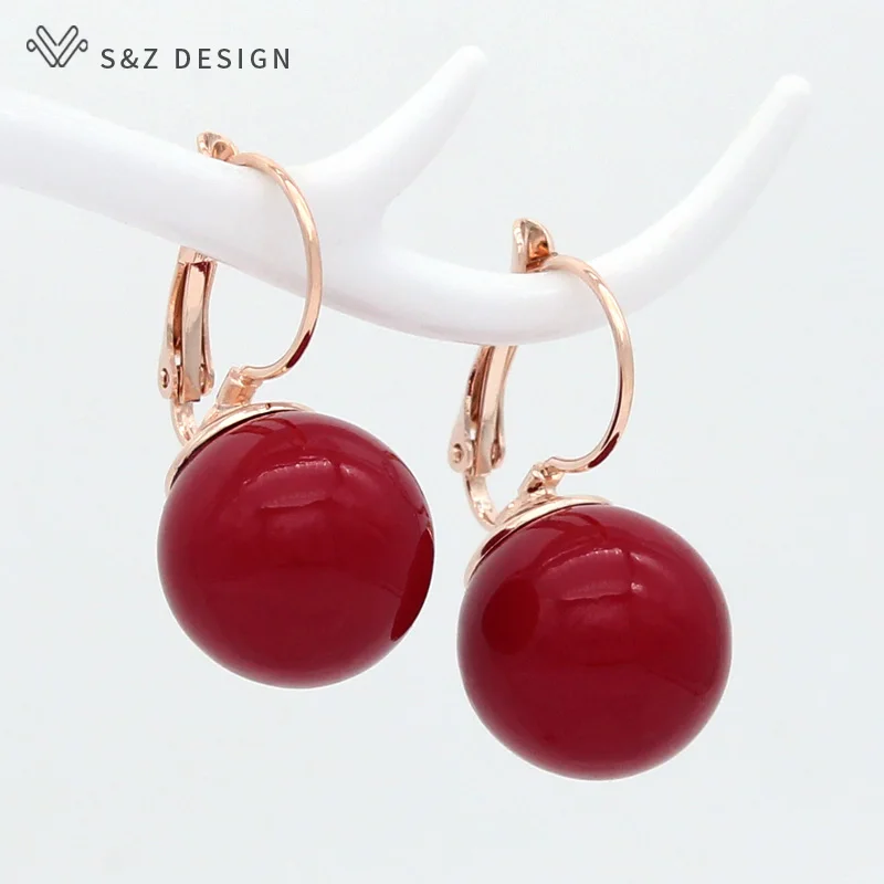S&Z DESIGN New Fashion Big Round Imitation Pearl Beeswax Dangle Earrings For Women Jewelry 585 Rose Gold Color Eardrop