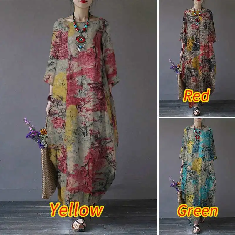 ZANZEA Vintage Printed Maxi Long Dress Women Sundress Casual Long Sleeve Kaftan Dresses Female Baggy Floral Vestidos Plus Size 7