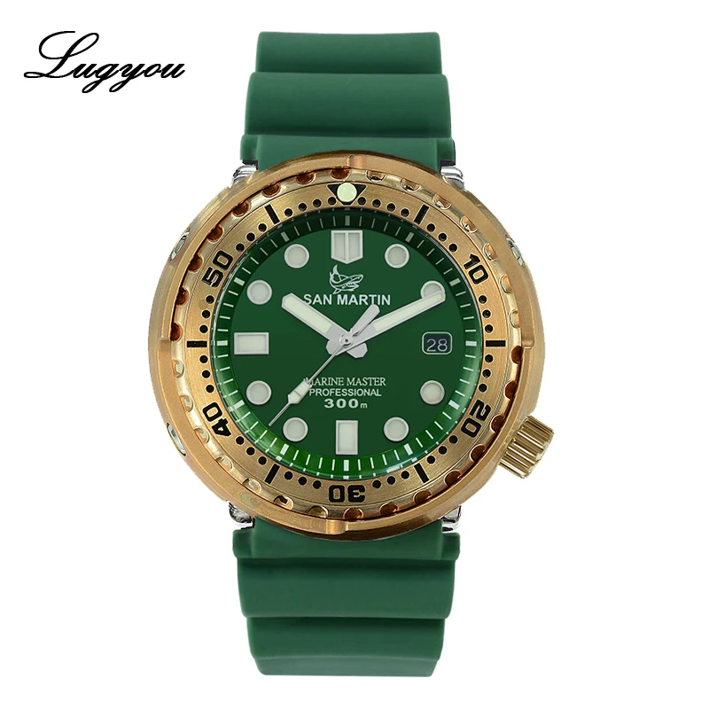 Shark Green NH35 Lugyou Сан Мартин тунец SBBN015 механические мужские часы бронзовая резина черный сапфир выпуклые 300 метров Водонепроницаемость супер свечение - Цвет: Shark Green NH35