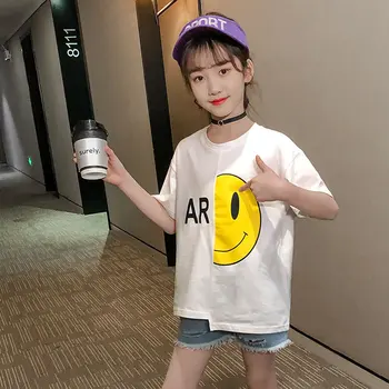 

Teens T Shirt Girls Kids Children Tops Cotton Clothing Short Sleeves Summer Clothes Cartoon Pattern Cute Tee White Yellow Black