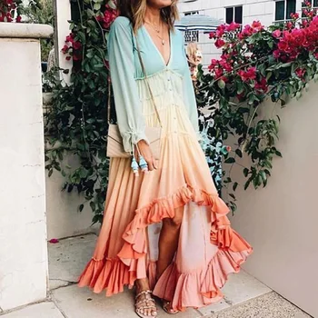 

Summer Beach Long Dress Women Boho Long Sleeve Asymmetrical V-Neck Fashion Gradient Lace-Up Maxi Dress For Travel Vacation