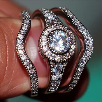 

Vintage 10K White gold Pave Diamond Rings Set 3-in-1 gemstone Jewelry Luxury Engagement Wedding Rings finger For Women